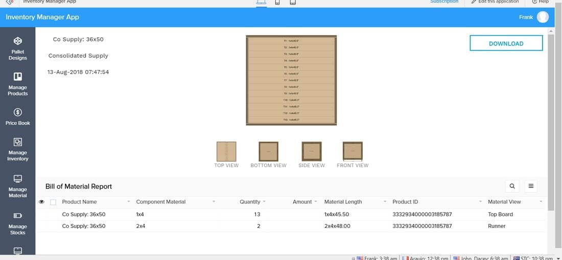 Generated pallet design with top, bottom, side, and front views and bill of materials